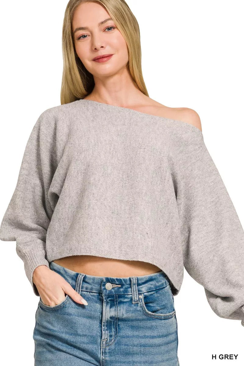 Zenana Boat Neck Balloon Sleeve Sweater 