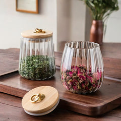 Airtight Glass Storage Jar with Wooden Lid – Clear Borosilicate Kitchen Canister for Tea and Snacks 