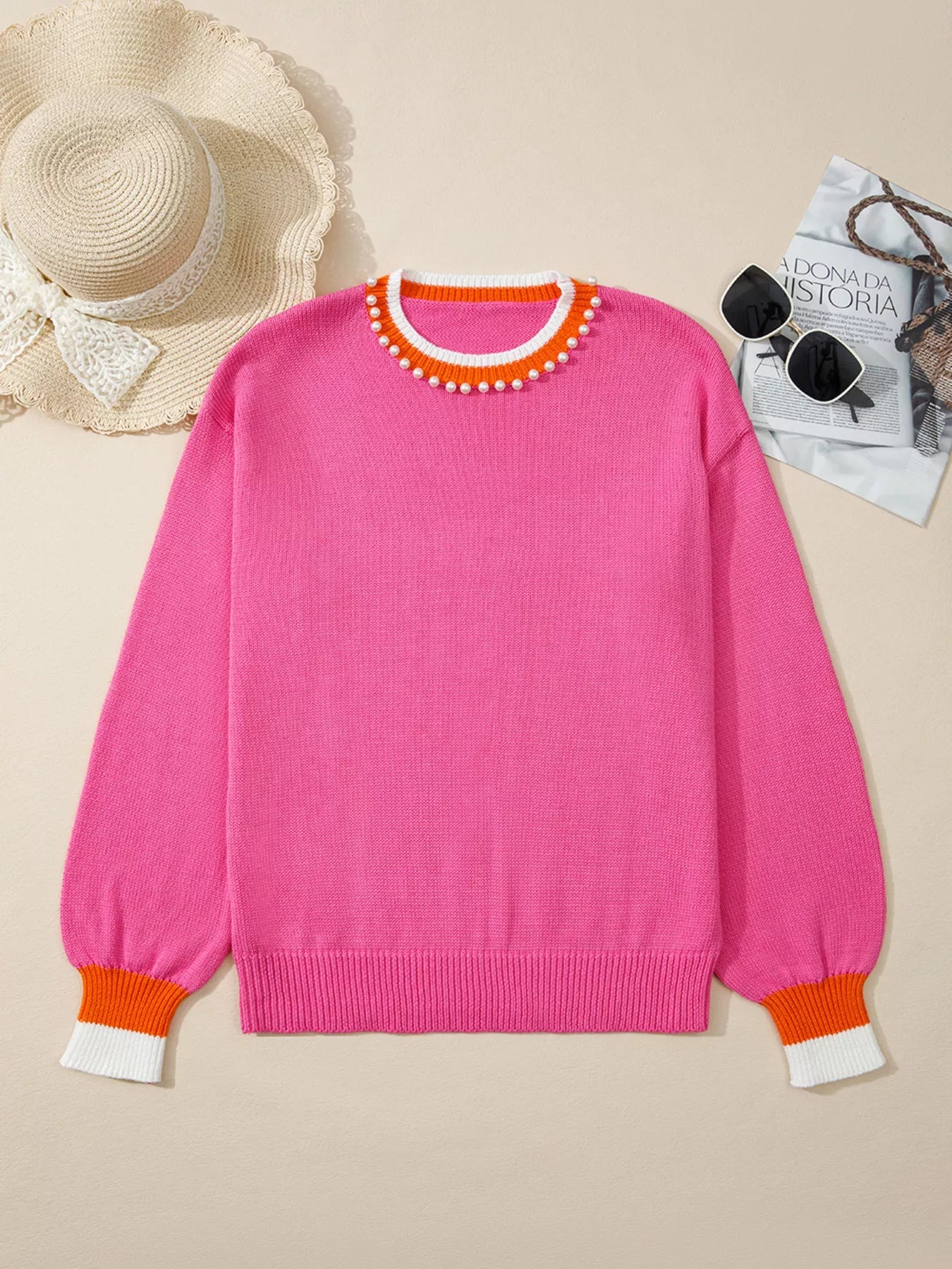 Contrast Crew Neck Pearled Decor Drop Shoulder Knit Sweater 