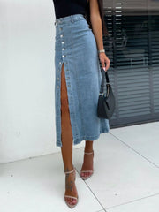 Front Button Slit Midi Denim Skirt 