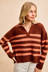 BiBi Striped Sweater Top with Collar Stitched Details 