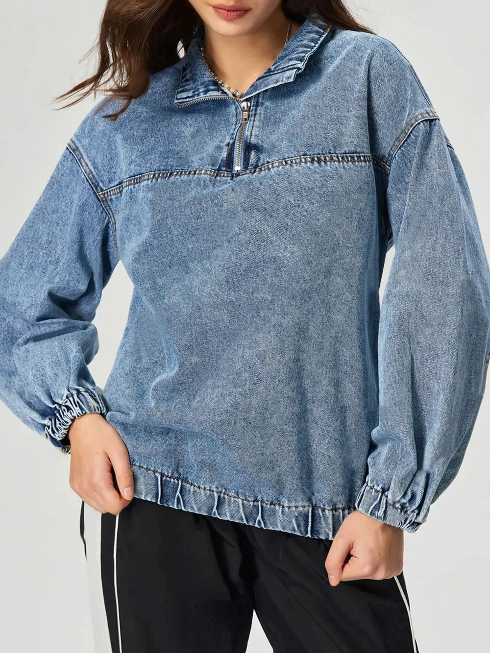 Quarter Zip Collared Neck Denim Top 