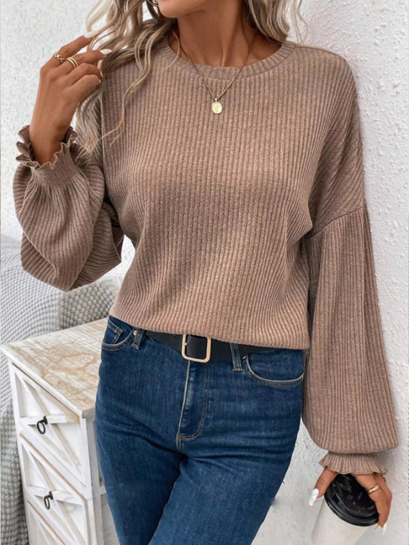 Ribbed Knit Long Sleeve T-Shirt 