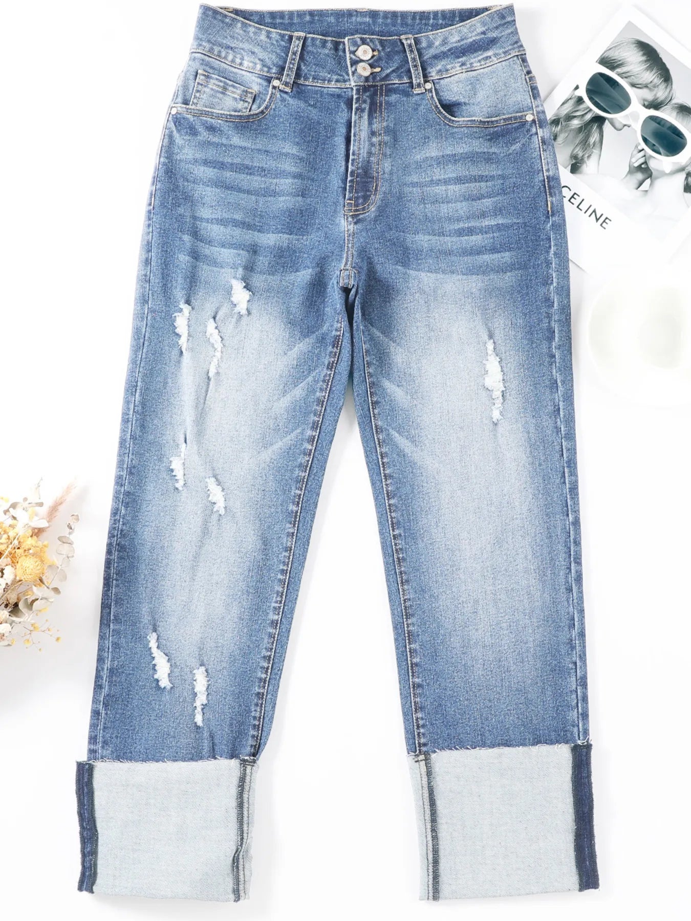 High Waist Distressed Straight Leg Jeans 