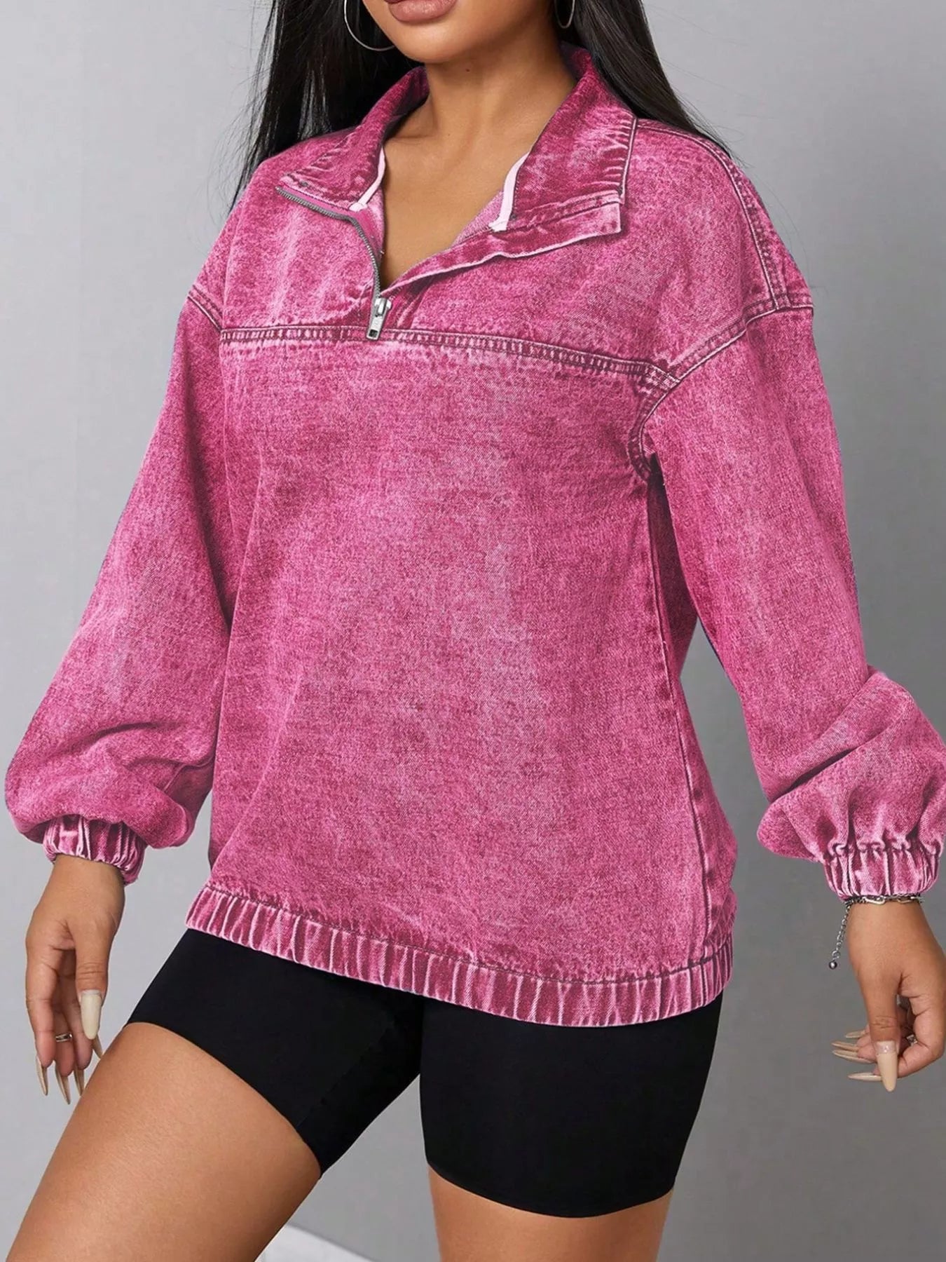 Zip Collar Long Sleeve Denim Top 