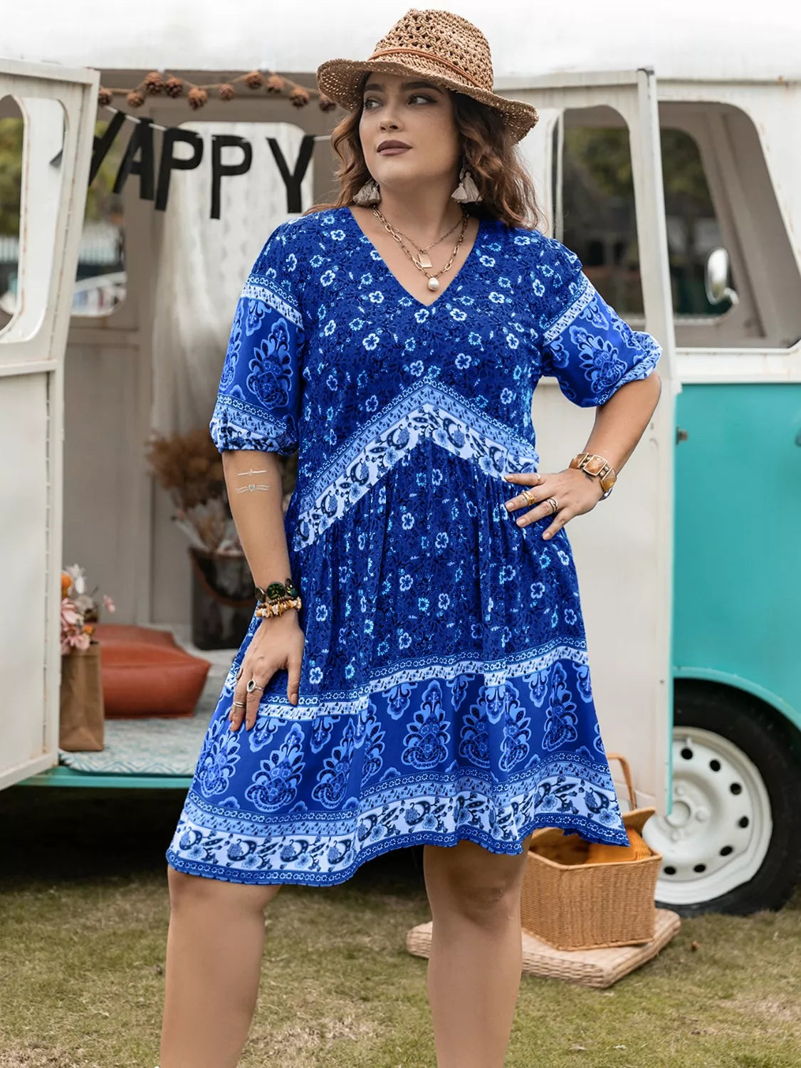 Plus Size Floral V-Neck Mini Dress 