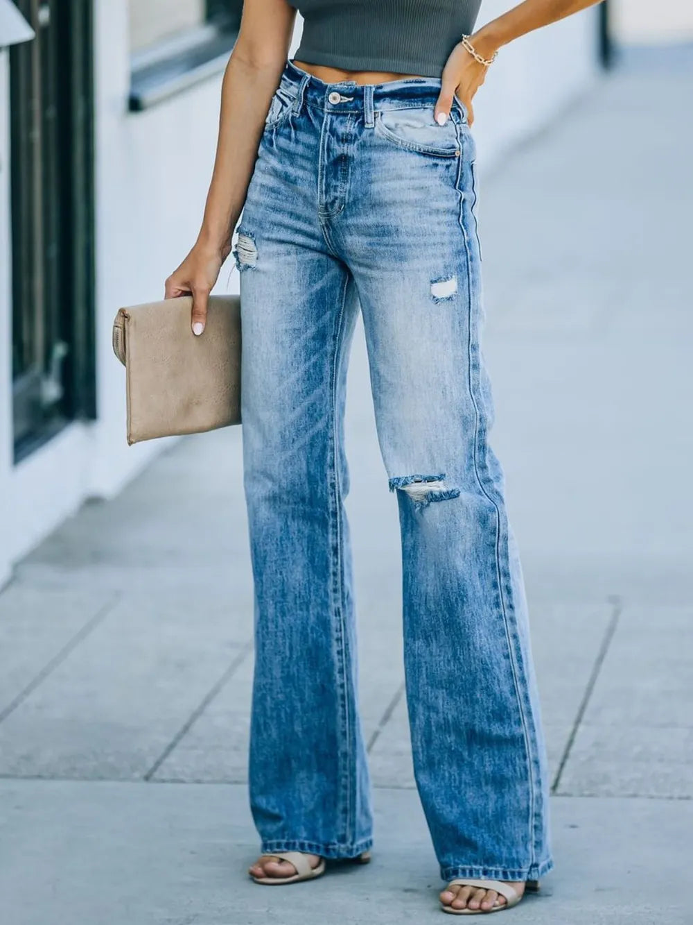 Distressed Straight Leg Jeans 
