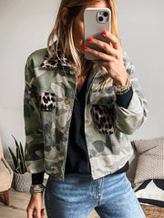 Camo Print Leopard Trim Button Up Jacket 
