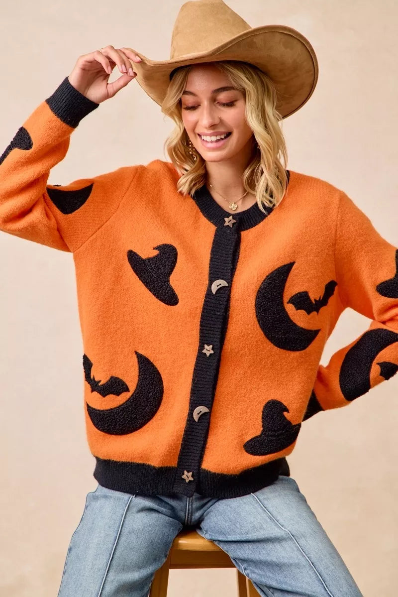 BiBi Halloween Witch Hat Moon Bat Artwork Cardigan 