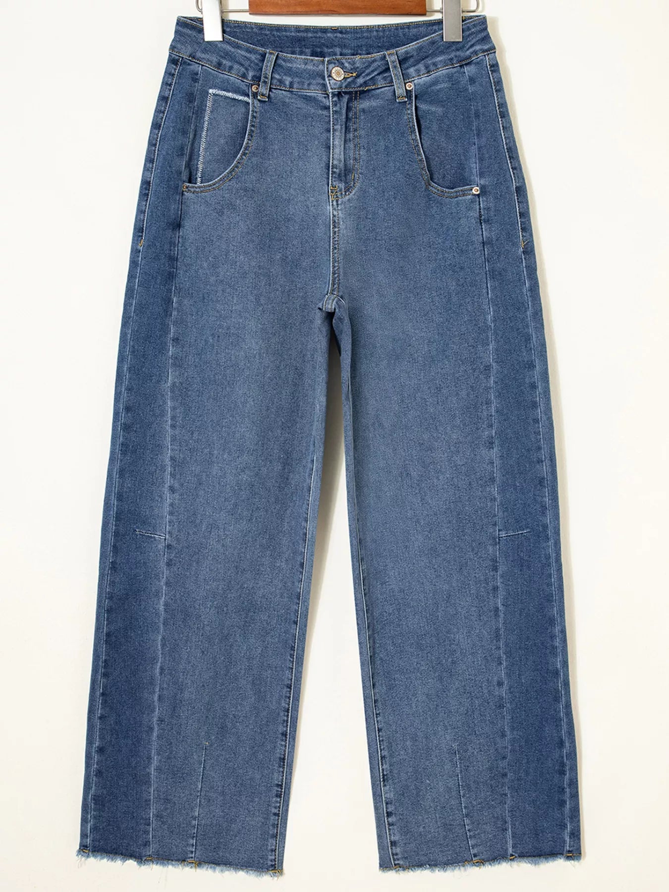 Stitched Raw Hem Wide Leg Loose Jeans 