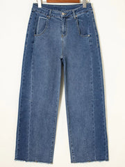 Stitched Raw Hem Wide Leg Loose Jeans 