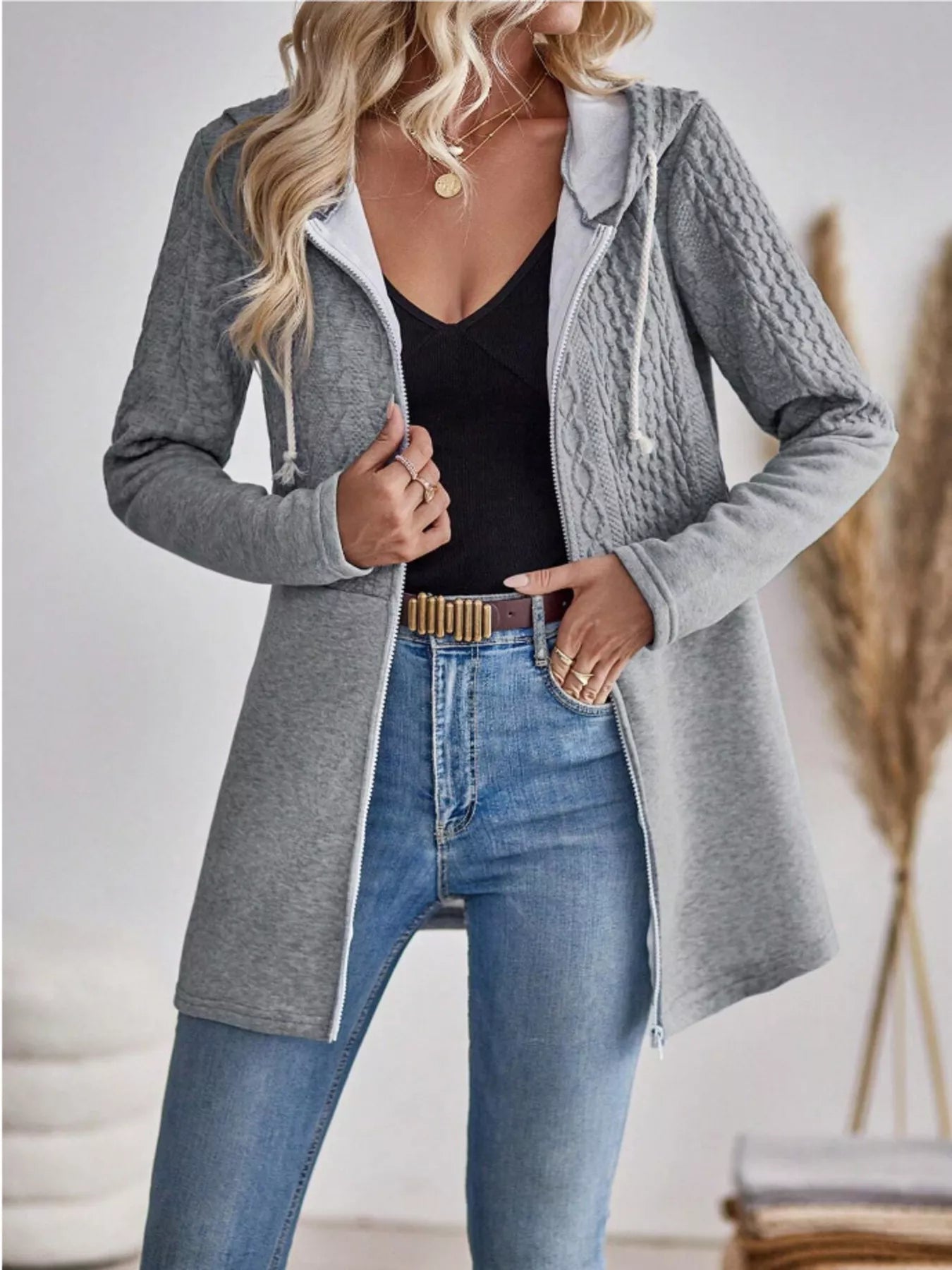 Drawstring Textured Zip Up Drawstring Hooded Jacket 