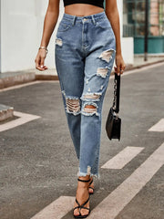 Distressed Raw Hem Jeans with Pockets 