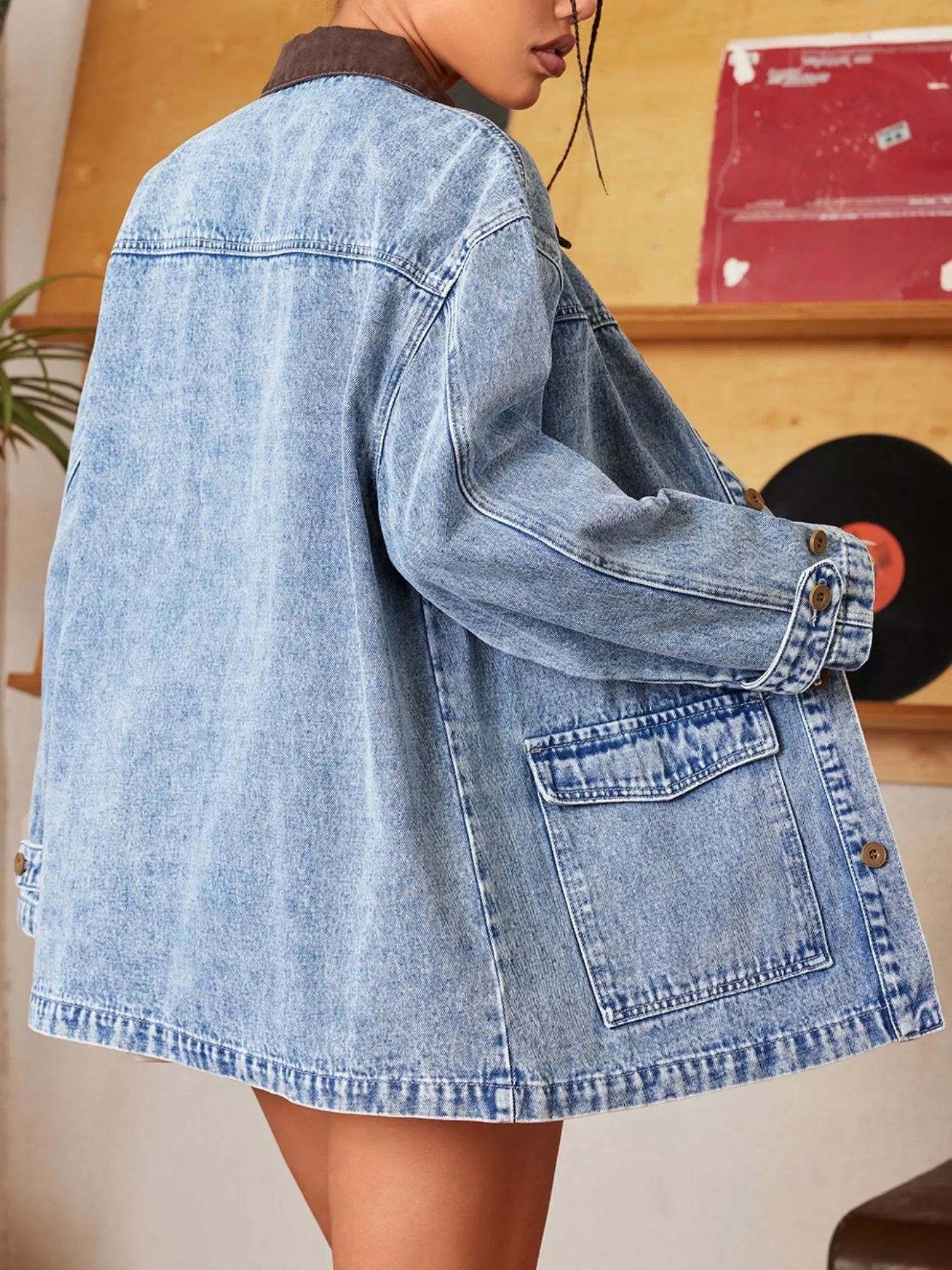 Vintage Wash Denim Jacket with Contrast Collar 