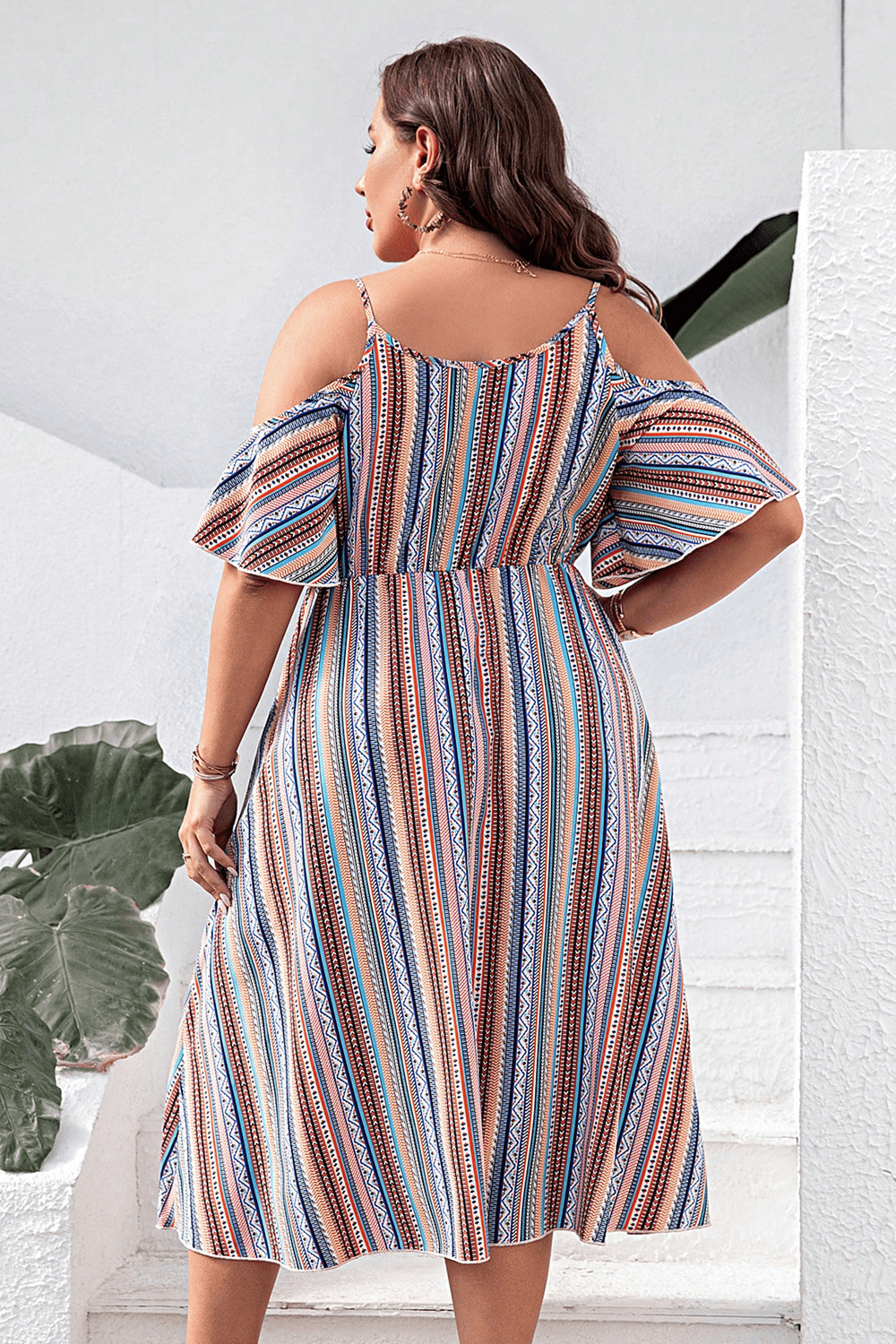 Plus Size Striped Cold-Shoulder Dress 