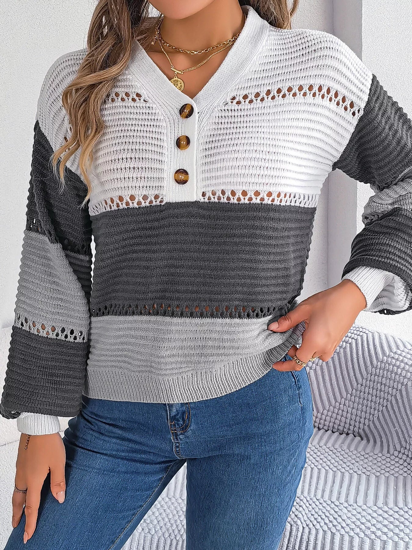 Color Block Striped V-Neck Button Detail Sweater 