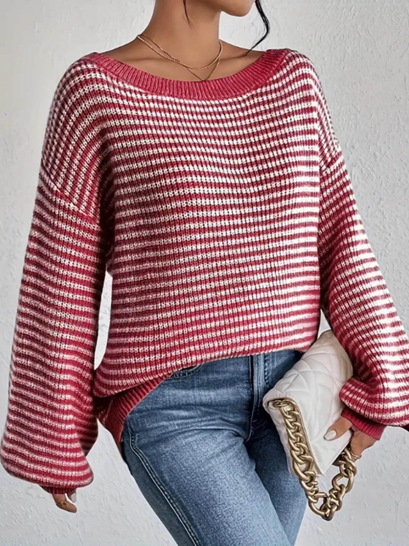 Striped Boat Neck Long Sleeve Sweater 