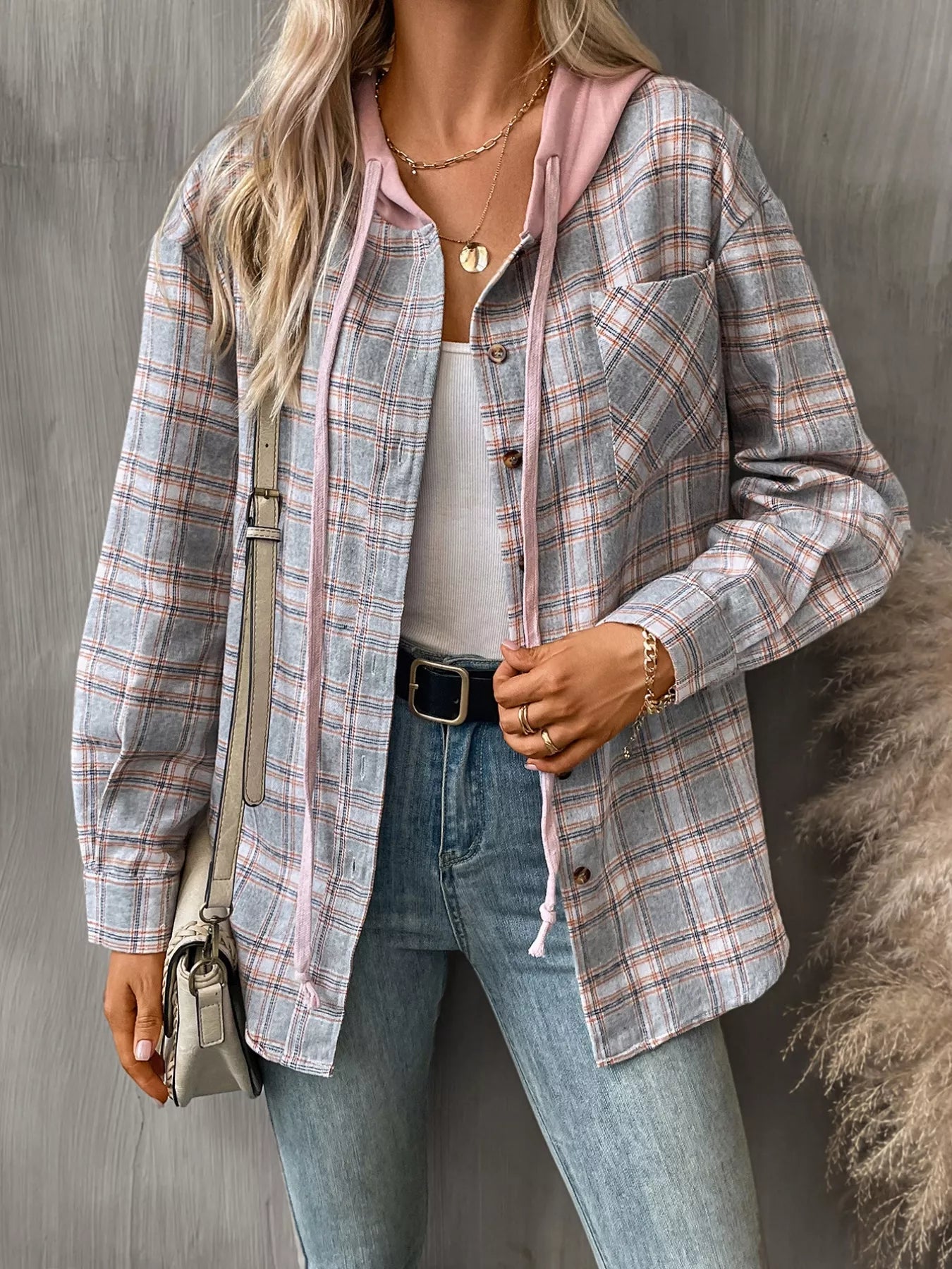 Plaid Button-Up Hooded Shirt with Chest Pocket 