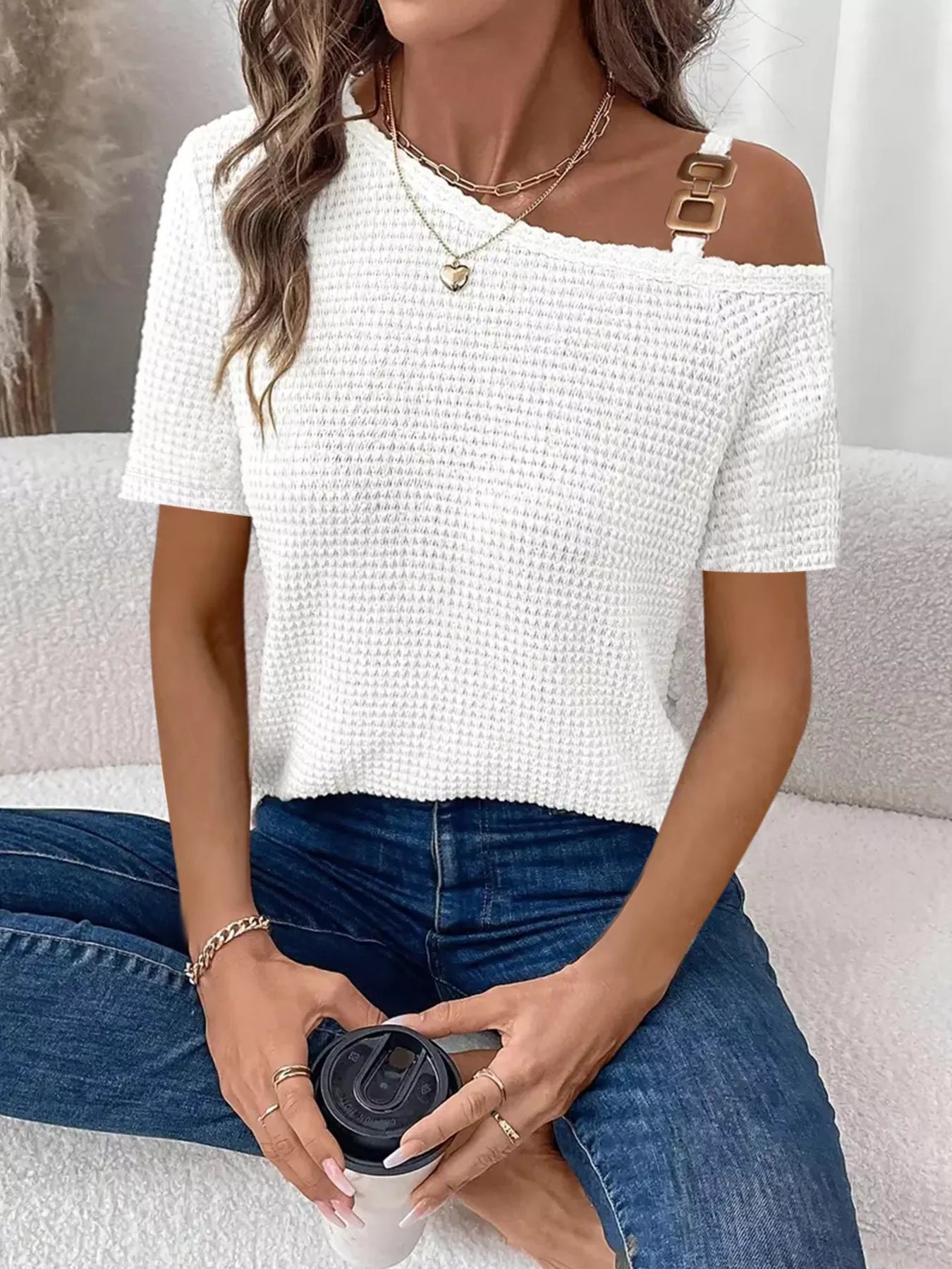 One-Shoulder Chain Detail Waffle Knit T-Shirt 