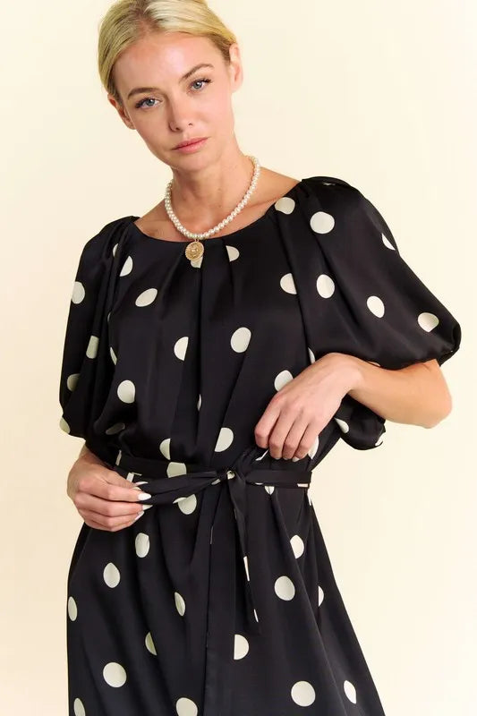 Davi & Dani Polka Dot Puff Sleeves Waist Tie Midi Dress 