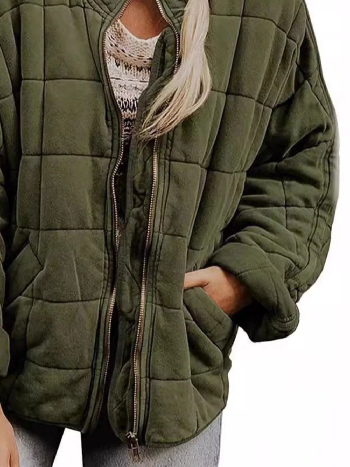 Full Size Zip Up Quilted Bomber Jacket Plus Size 