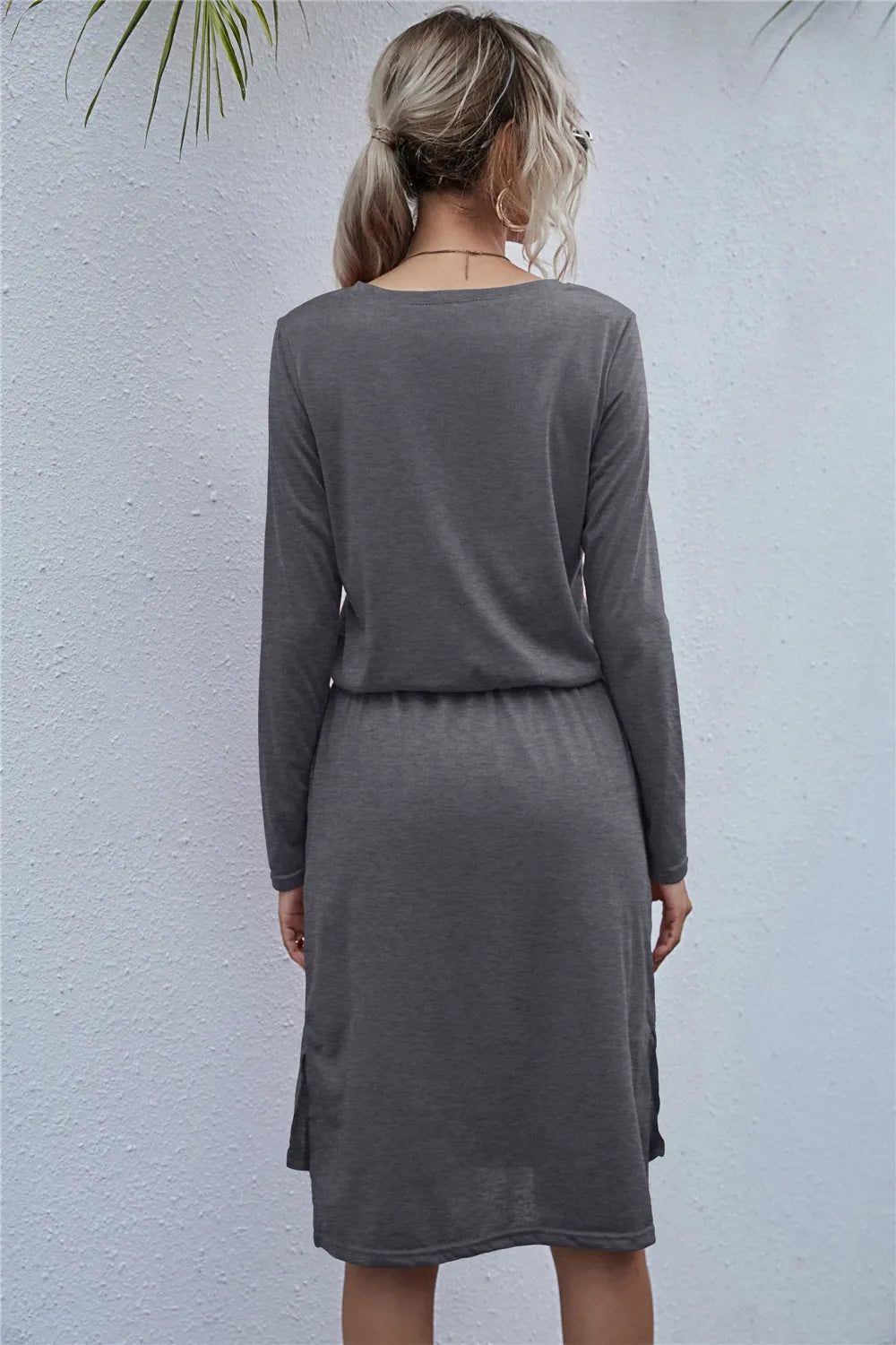 Drawstring Waist Round Neck Long Sleeve Dress 