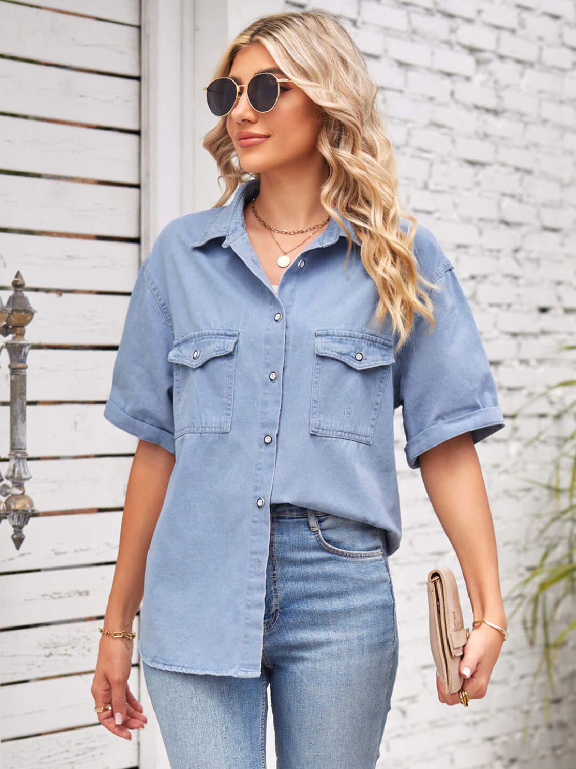 Collared Neck Short Sleeve Denim Jacket 