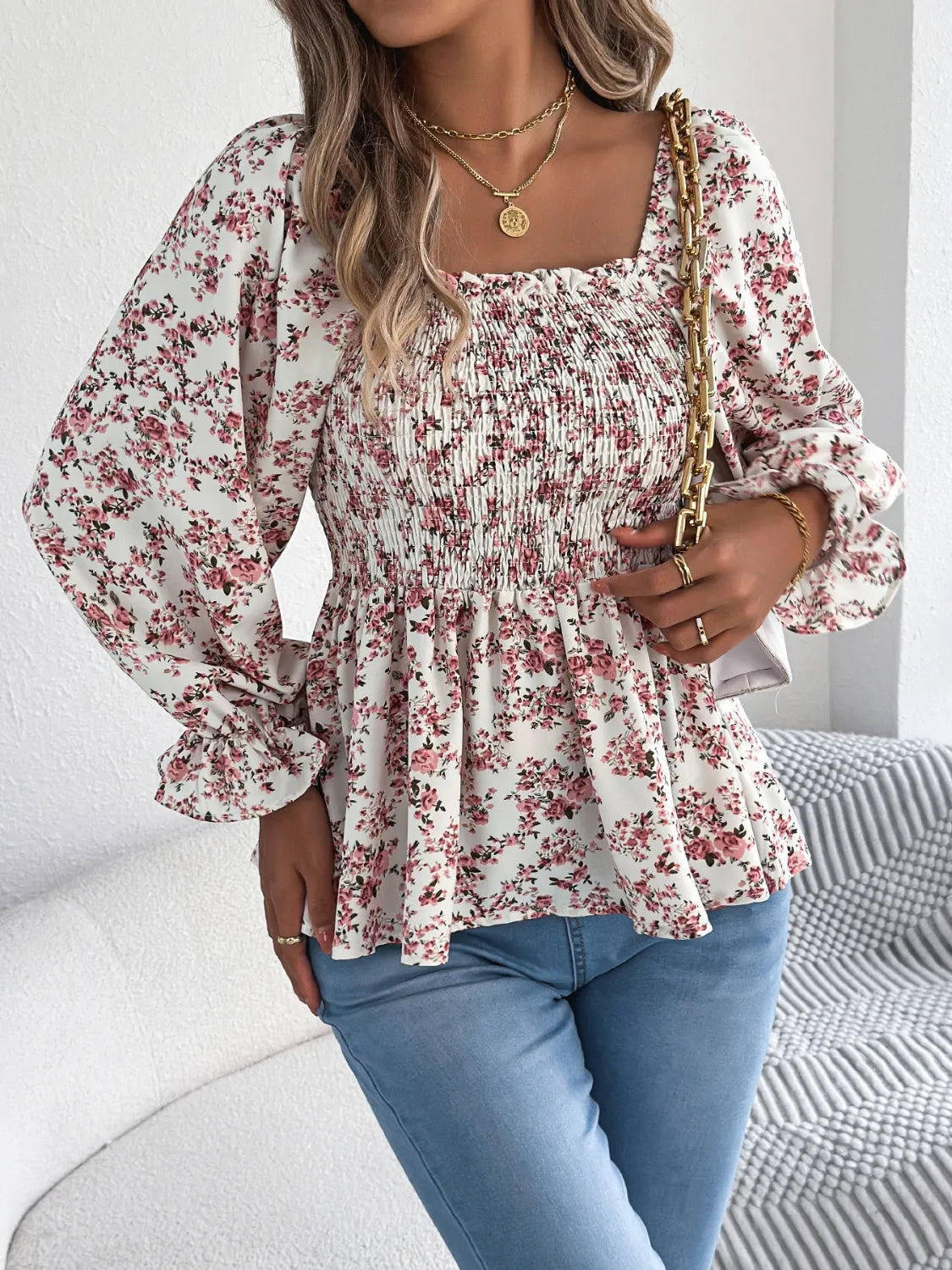 Floral Square Neck Flounce Sleeve Blouse 