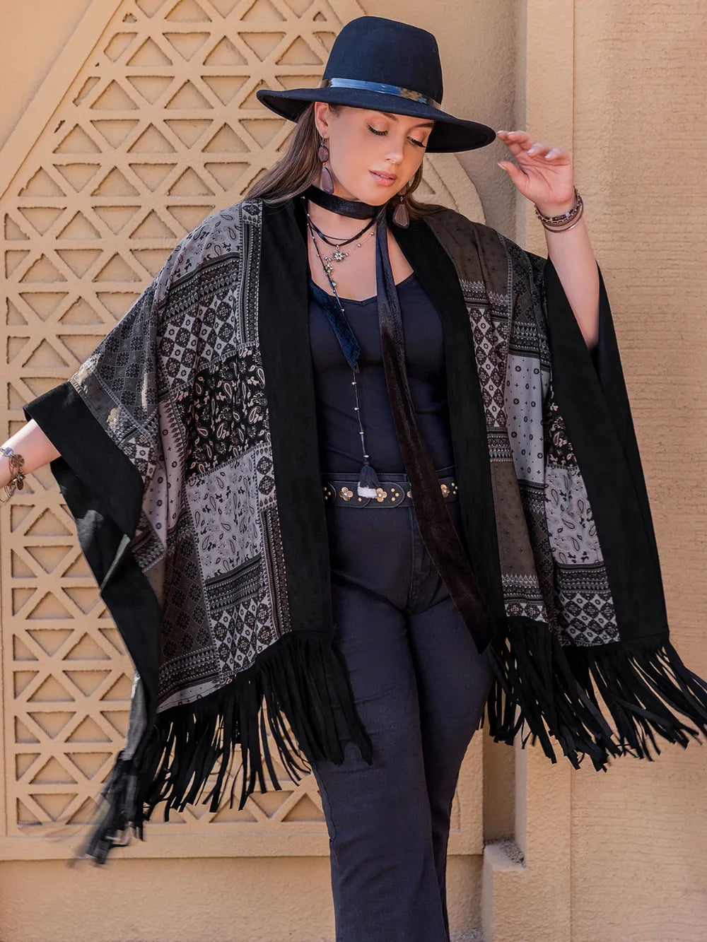 Plus Size Printed Fringe Open Front Outerwear 