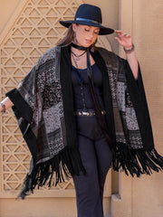 Plus Size Printed Fringe Open Front Outerwear 