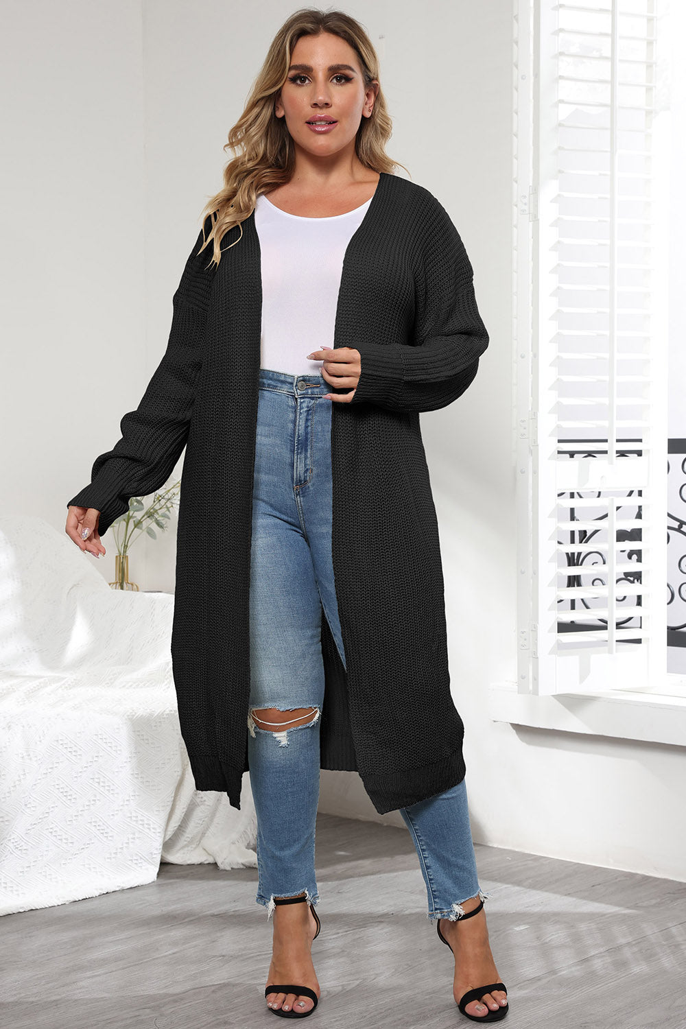Plus Size Open Front Long Sleeve Cardigan 