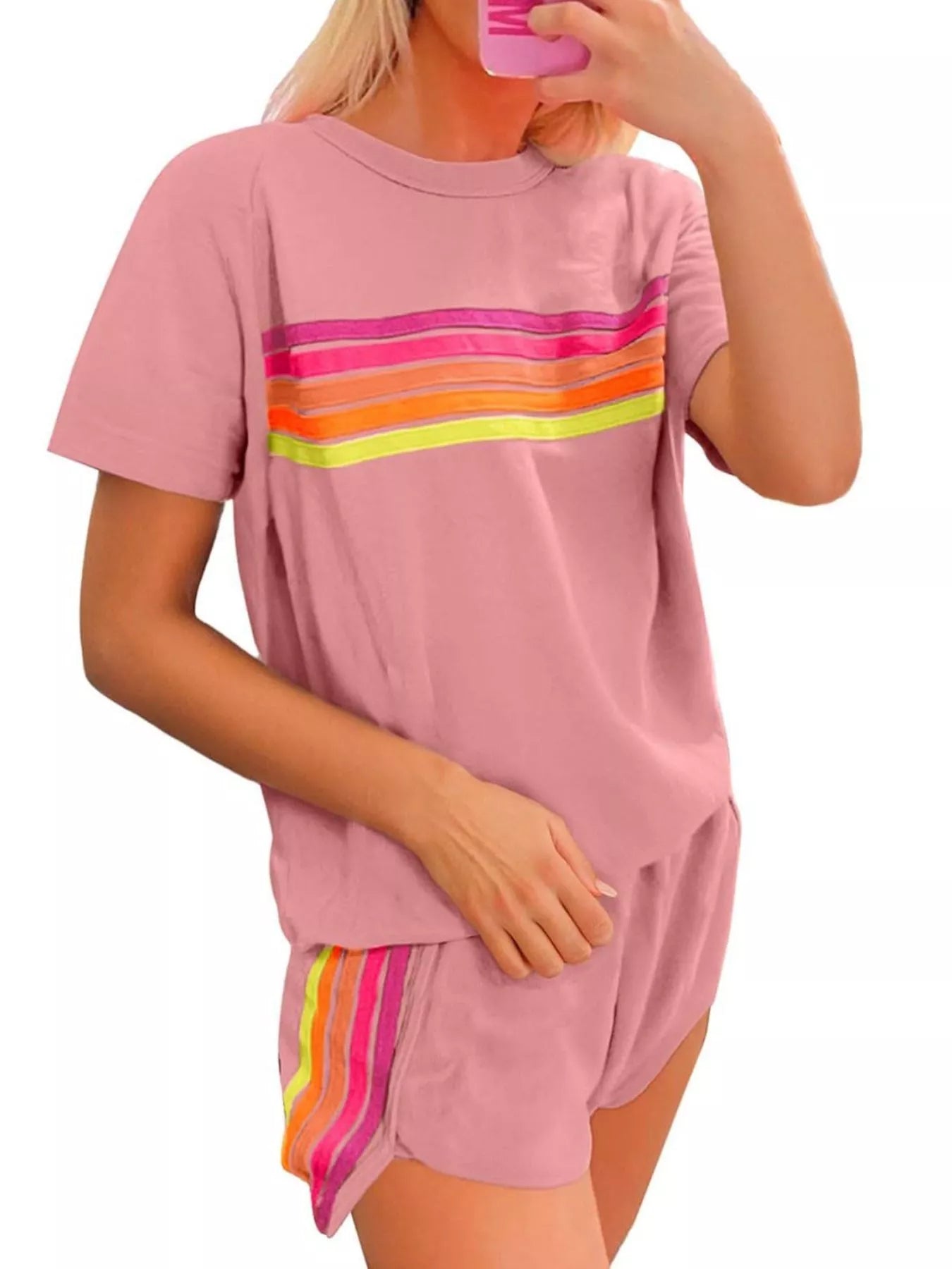 Rainbow Striped Round Neck Top and Shorts Set 