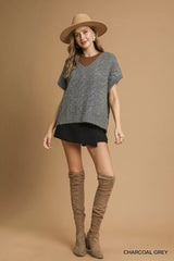 Umgee Cable-Knit V-Neck Sweater 
