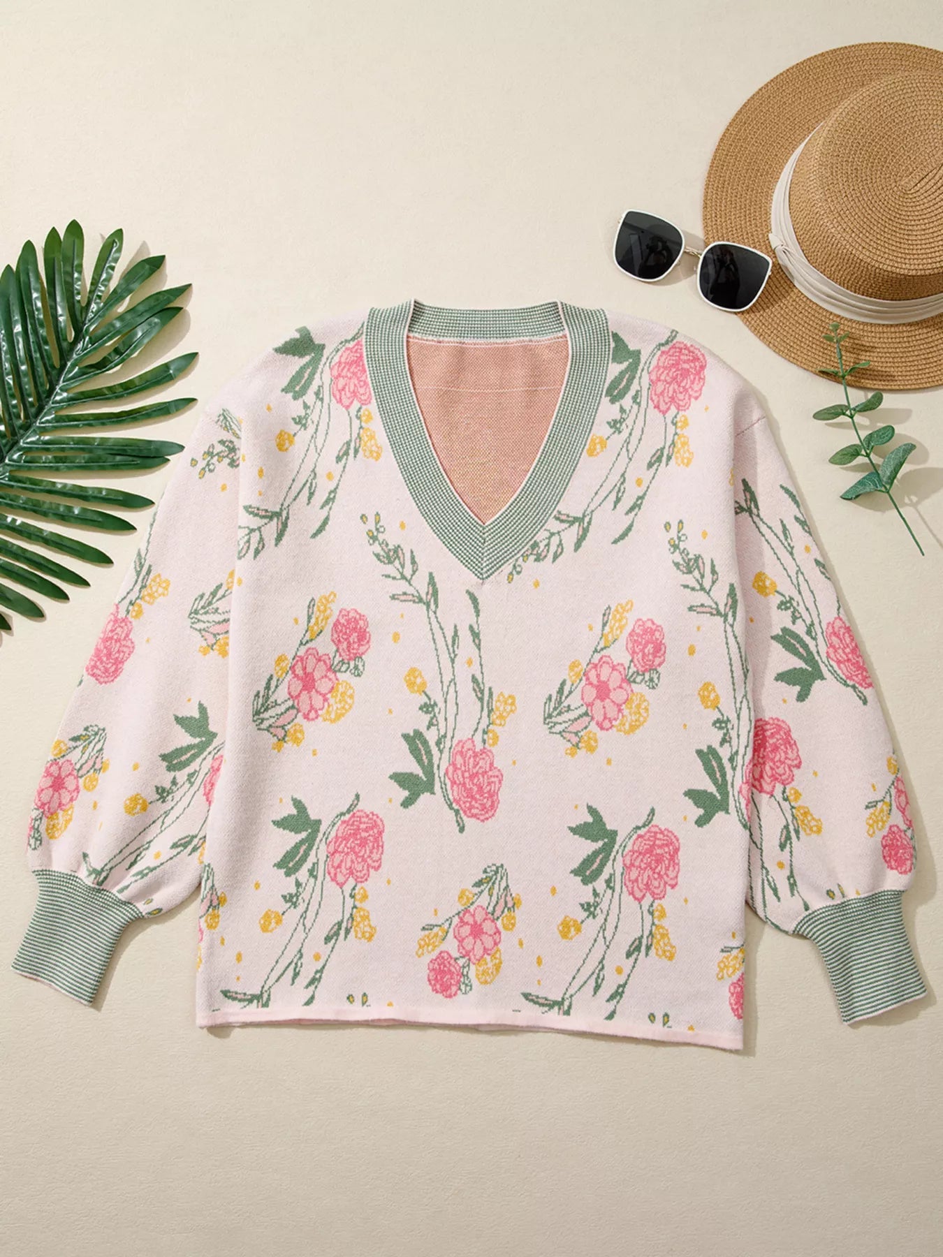 Floral Pattern Striped V Neck Loose Sweater 