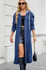Button Up Long Sleeve Longline Hooded Denim Outerwear 
