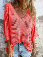 Full Size Openwork V-Neck Knit Cover Up Plus Size 