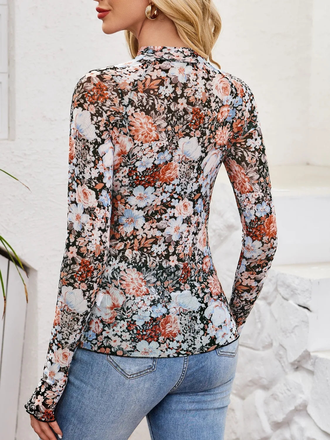 Floral Mock Neck Long Sleeve Top 