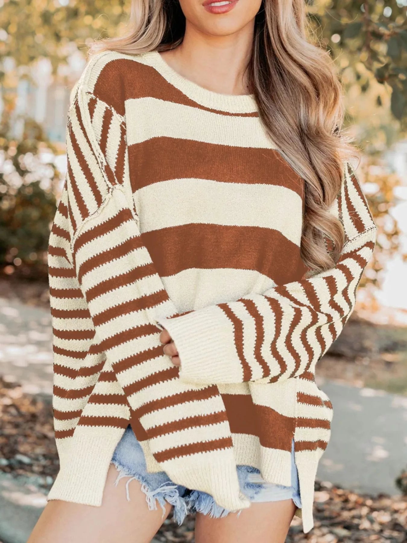 Stripe Drop Shoulder Sleeve Patchwork Baggy Sweater 