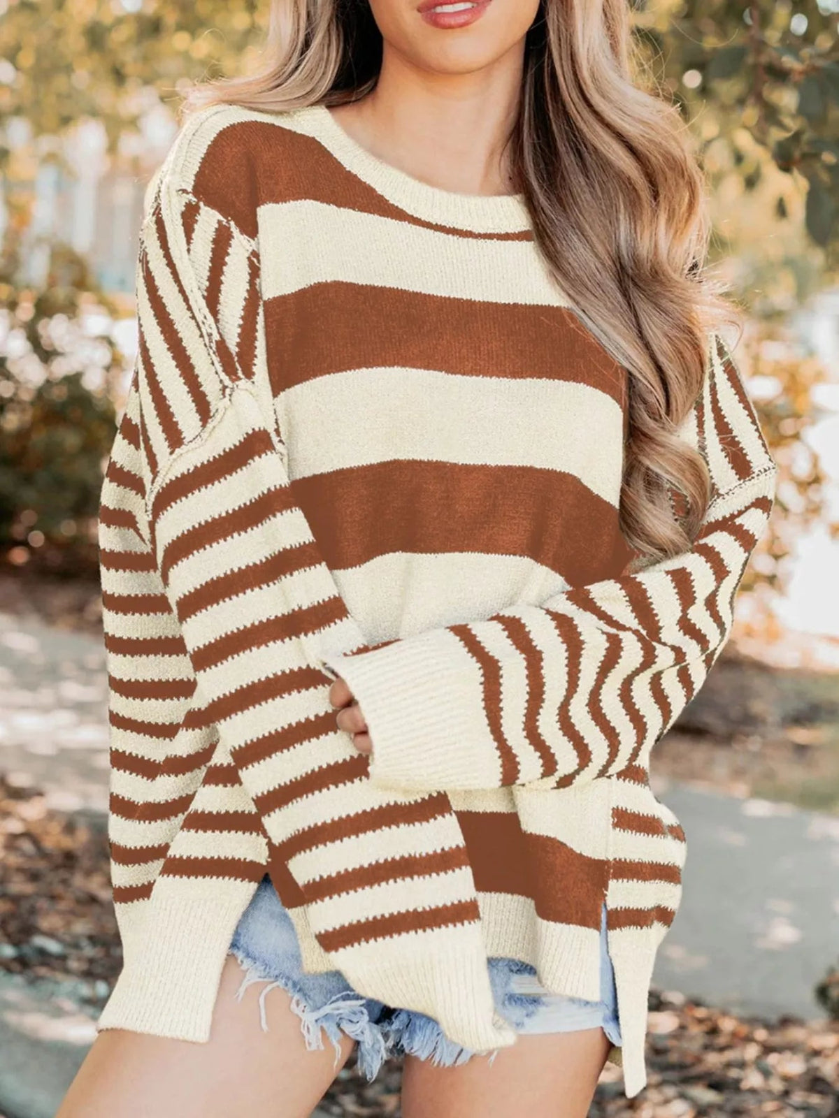 Stripe Drop Shoulder Sleeve Patchwork Baggy Sweater 