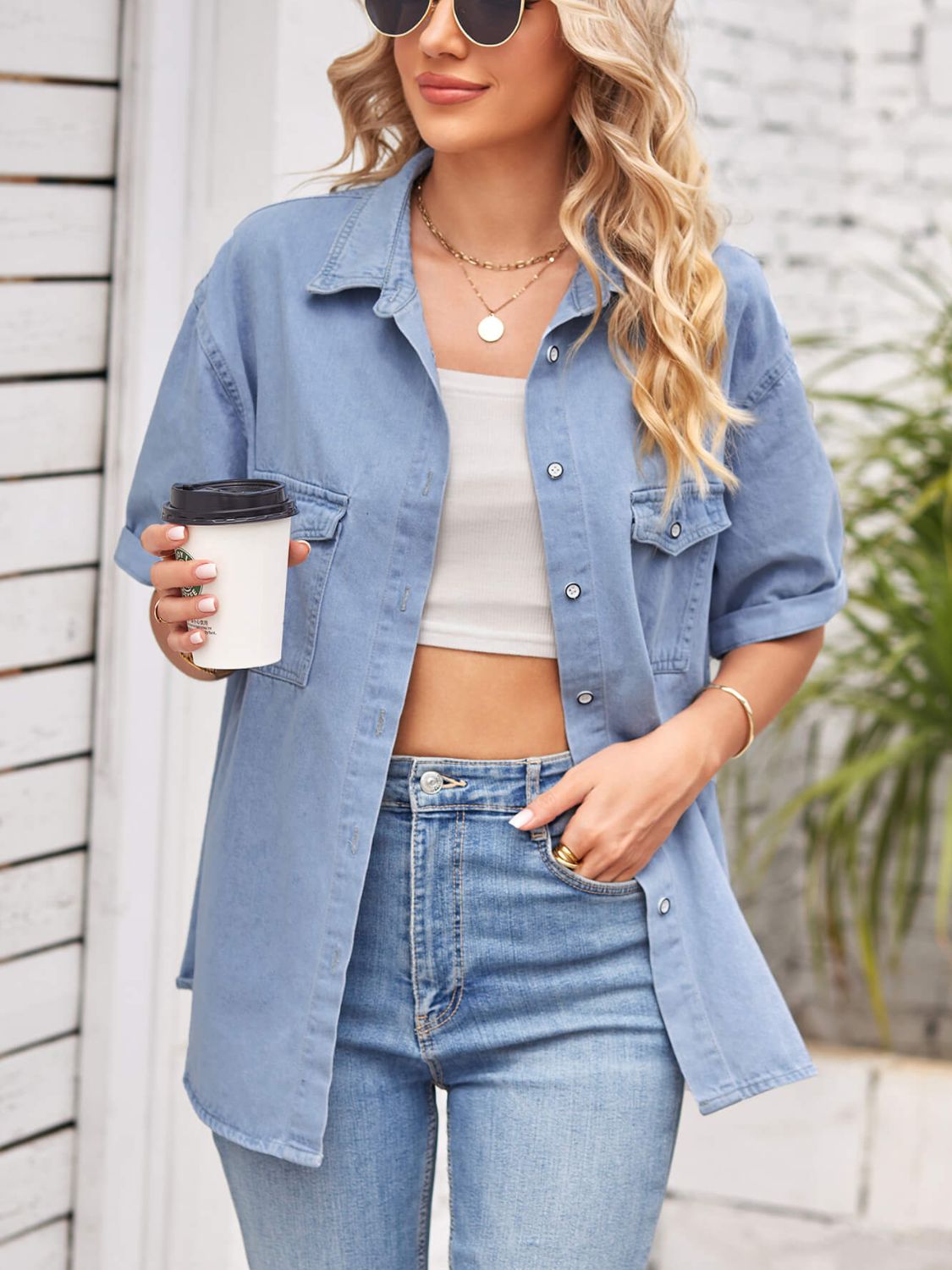 Collared Neck Short Sleeve Denim Jacket 