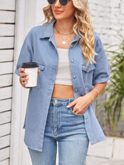 Collared Neck Short Sleeve Denim Jacket 