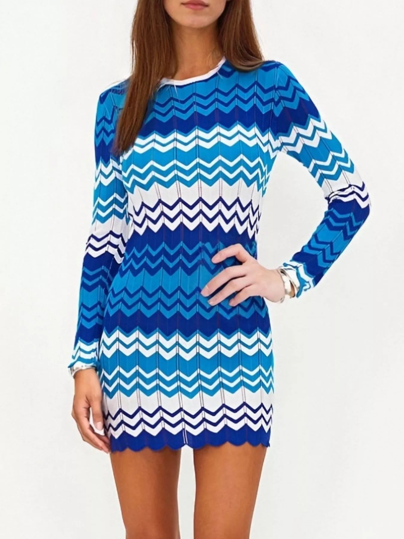 Openwork Wave Pattern Long Sleeve Sweater Dress 
