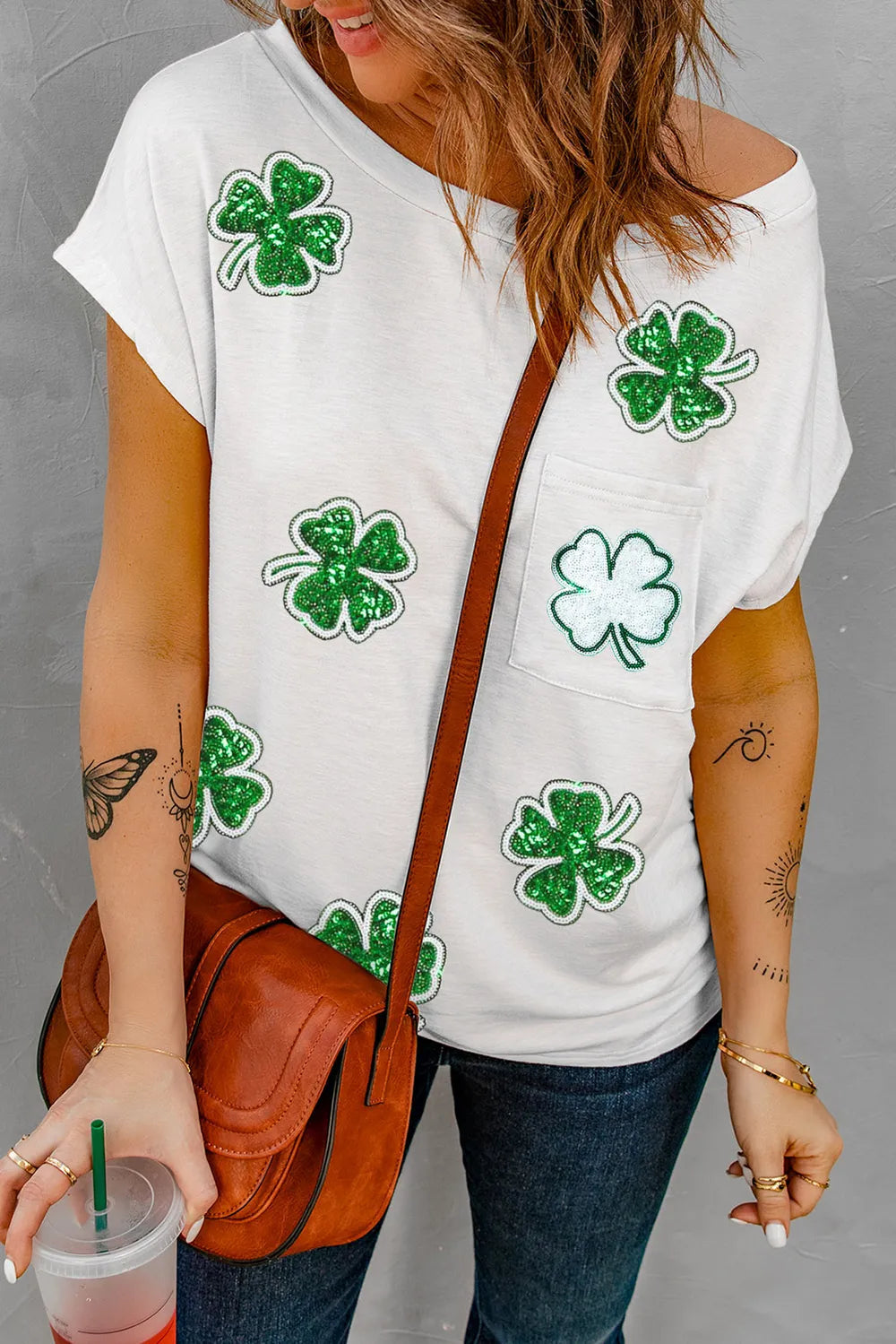 Sequin Lucky Clover Boat Neck T-Shirt 