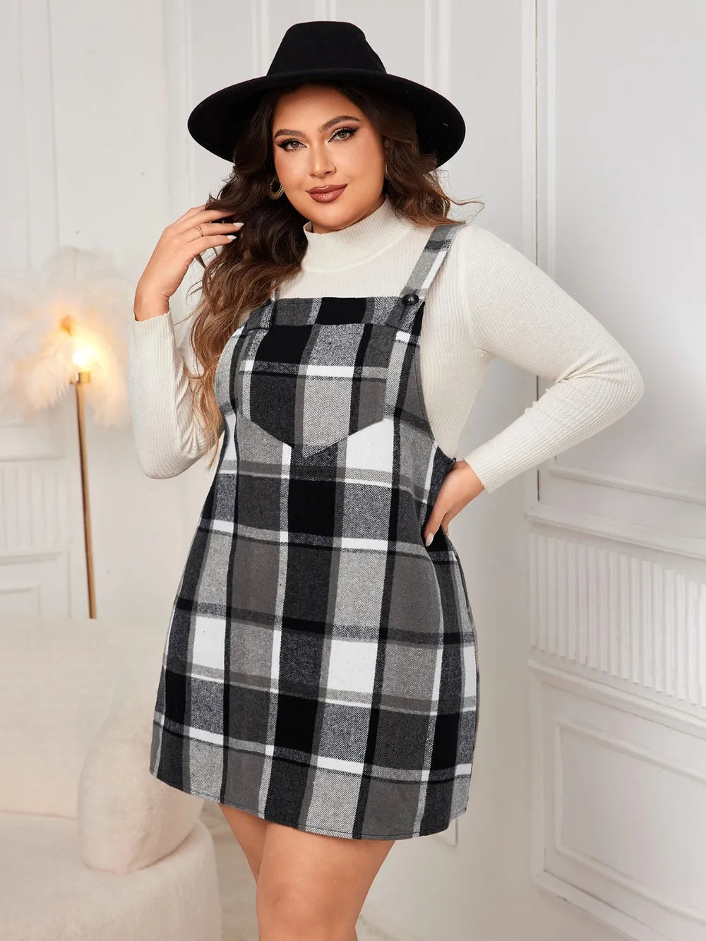 Honey Plus Size Plaid Wide Strap Overall Dress 