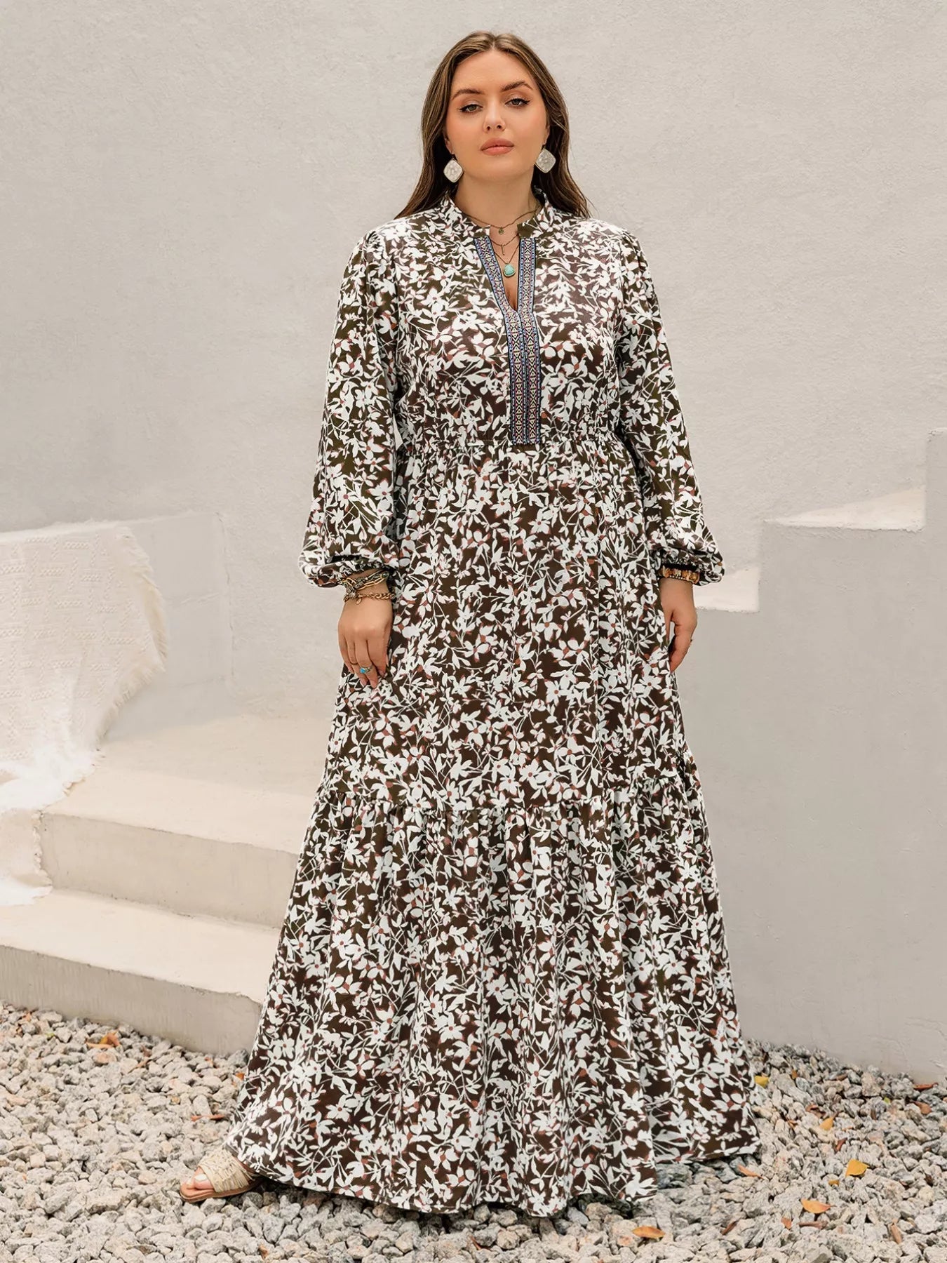 Plus Size Floral Print Long Sleeve Maxi Dress 