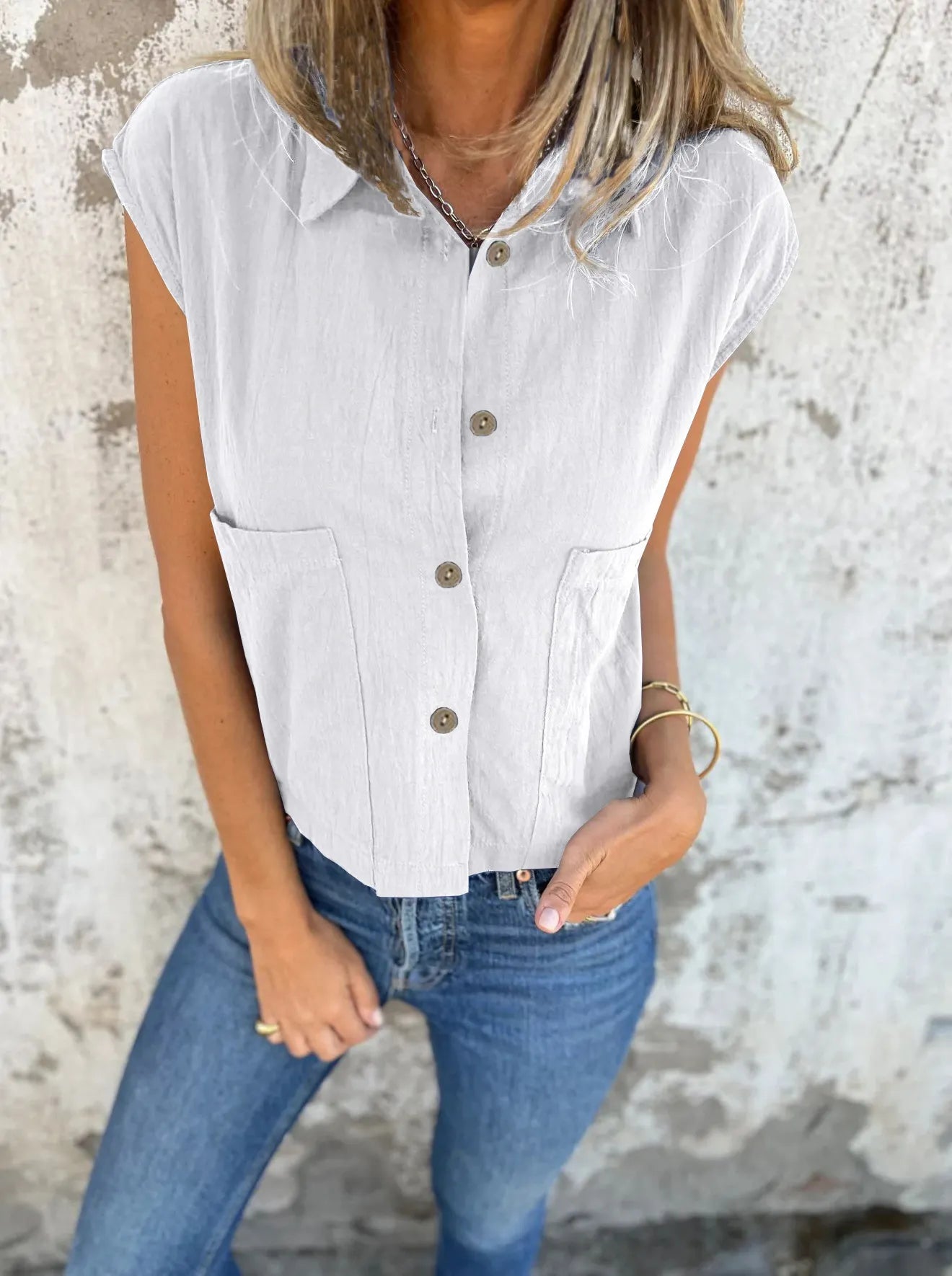 Full Size Button Down Cap Sleeve Linen Shirt Plus Size 