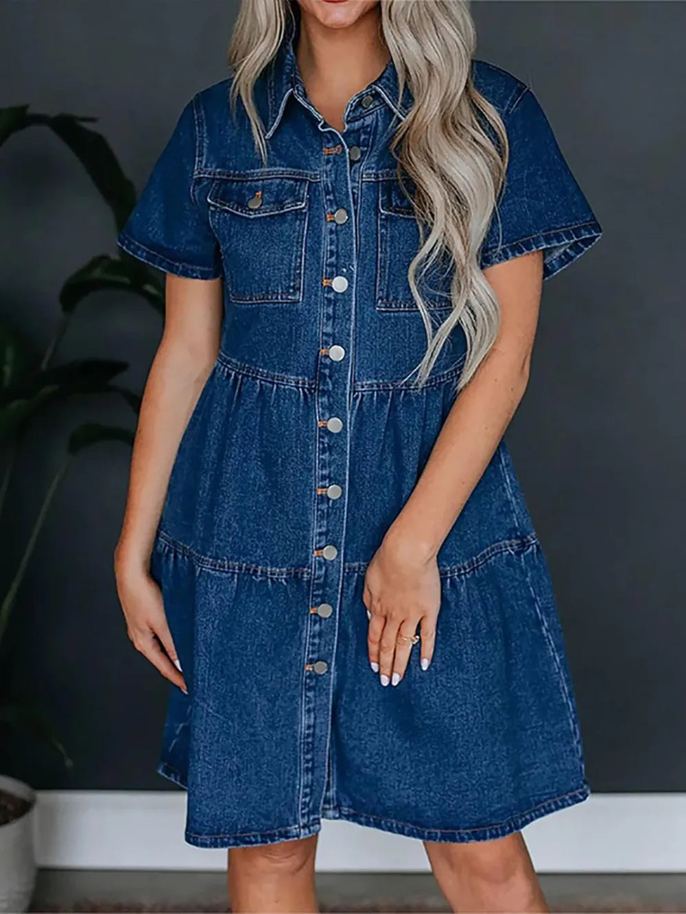 Pocketed Button Up Collared Neck Short Sleeve Denim Dress 
