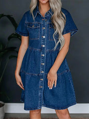 Pocketed Button Up Collared Neck Short Sleeve Denim Dress 