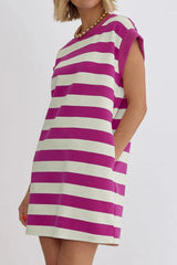 Stripe Cap Sleeve Pocketed Shift Tee Dress 