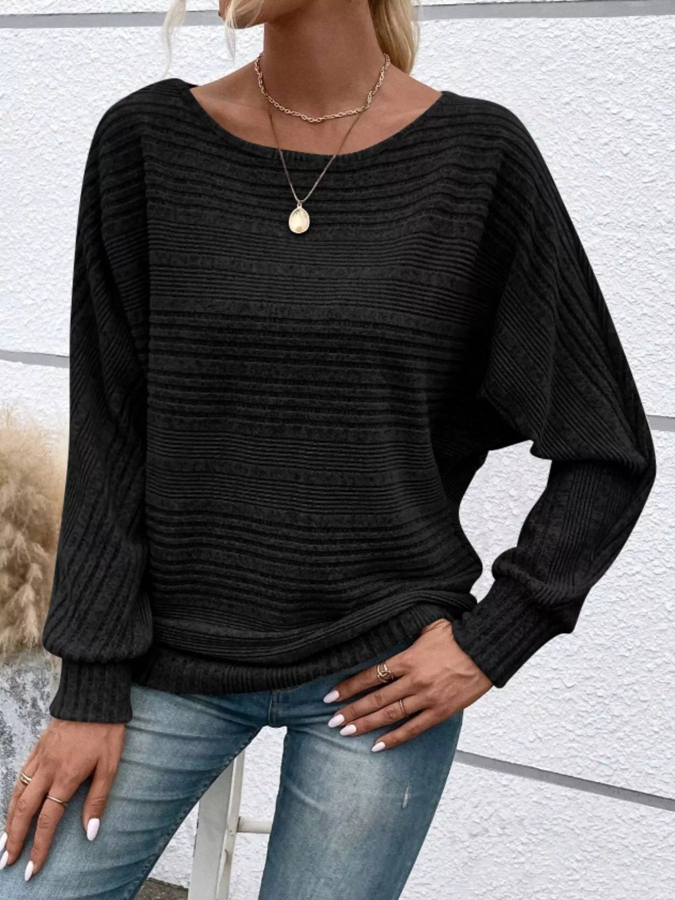 Ribbed Round Neck Long Sleeve Top 